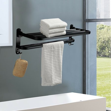 Bathroom Towel Rail Rack Holder Hanger Bar Shelf Black Aluminum Wall Mounted Sale 2 Tier Wall Mounted Folding Towel Rack Bathroom Hotel Rail Holder Storage Shelf Bathroom Toilet Holder Hanger Aluminum