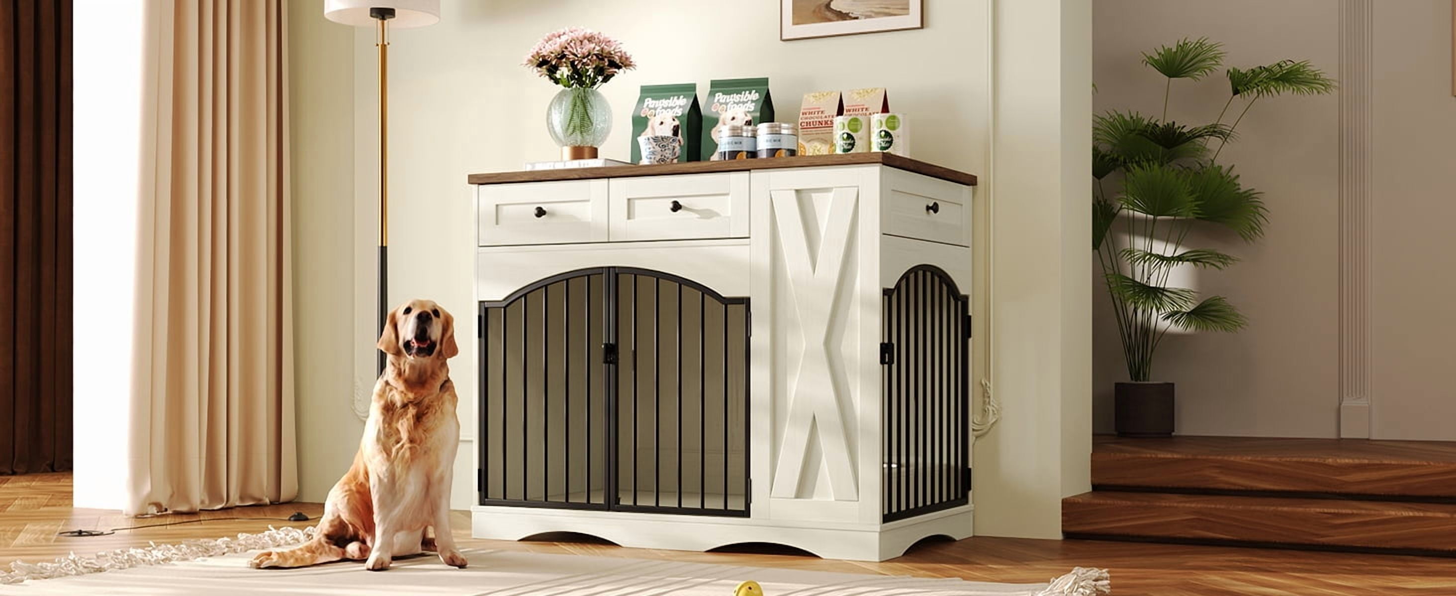 Mintazer 43.3" Farmhouse End Table Dog Crate Furniture & 2 Doors, Indoor Pet Kennel with 3 Storage Drawers & Detachable Feeder Tray, Dog Cage End Table for Medium Large Dogs, Beige & White