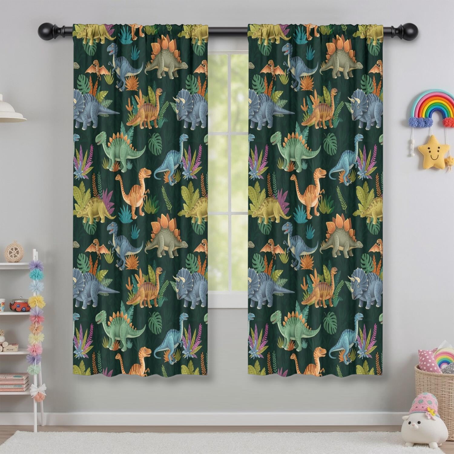 Blackout Kids Curtains,DarkGreen Cartoon Dinosaurs Jungle Pattern Childrens Insulated Curtains Set Of 2,Bedroom Essentials,Toddler Room Decor 42"x63"