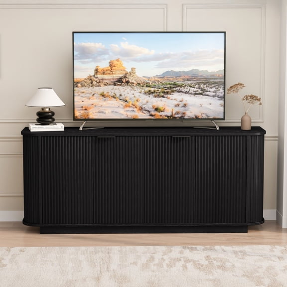 63" Wavy Storage Sideboard Cabinet Double Door Buffet Cabinet with Adjustable Shelves, Modern Accent Storage Cabinet for Kitchen Dining Room Living Room Hallway, Black