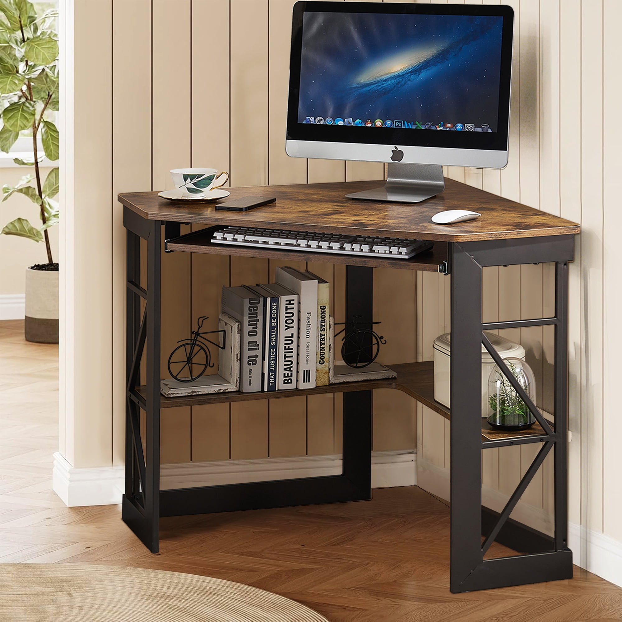 VECELO Corner Computer Desk with Keyboard Tray and Storage Shelf, Student Study Writting Table Workstation for College Dorm Apartment Home Office, Antique Brown (90 Degrees)