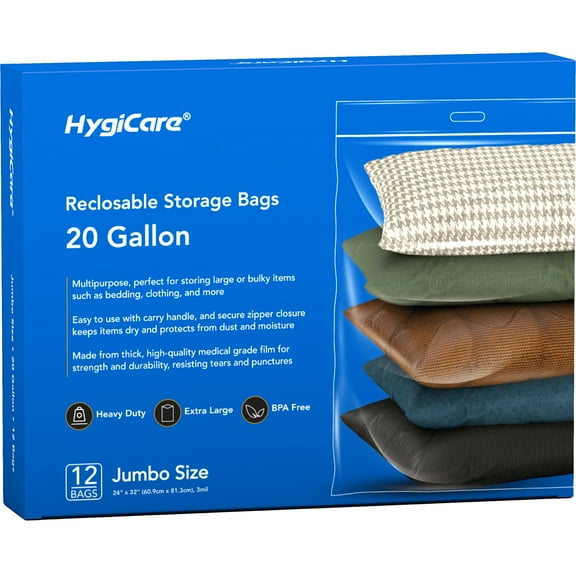 HygiCare Reclosable Storage Bags, 20 Gallon, 12 Count, Heavy Duty, Reusable, Ideal for Bedding, Clothes, Travel