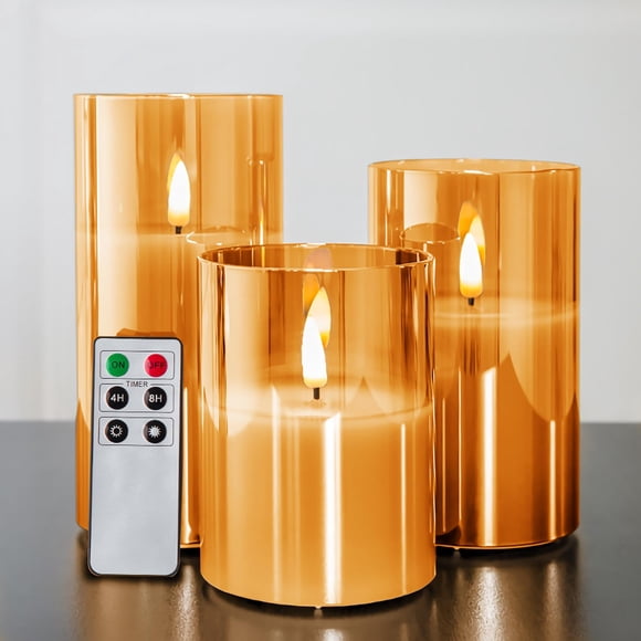 Velas sin llama Eywamage Gold Glass con mando a distancia, juego de 3