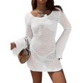 thumbnail image 4 of Womens Solid Color Crochet Lace Backless Long Sleeve Cover Up Sweater Beach Dress Summer Holiday White S, 4 of 8