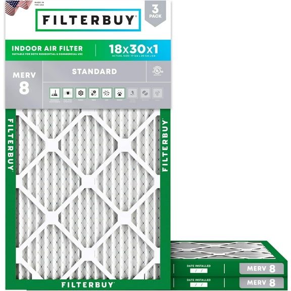 Filterbuy 18x30x1 MERV 8 Dust Defense, Pleated HVAC AC Furnace Air Filters (3-Pack)