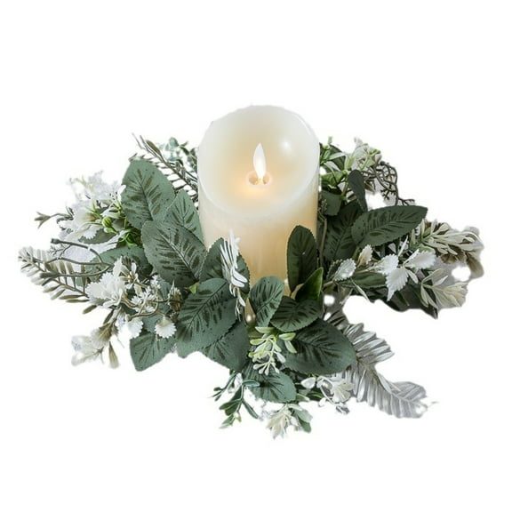 Beautynvta Artificial Eucalyptus Leaves Wreath Candle Ring, 10'' Small Boho Wreath Pillar Candle Holder for Wedding Party Home Door Tabletop Decoration