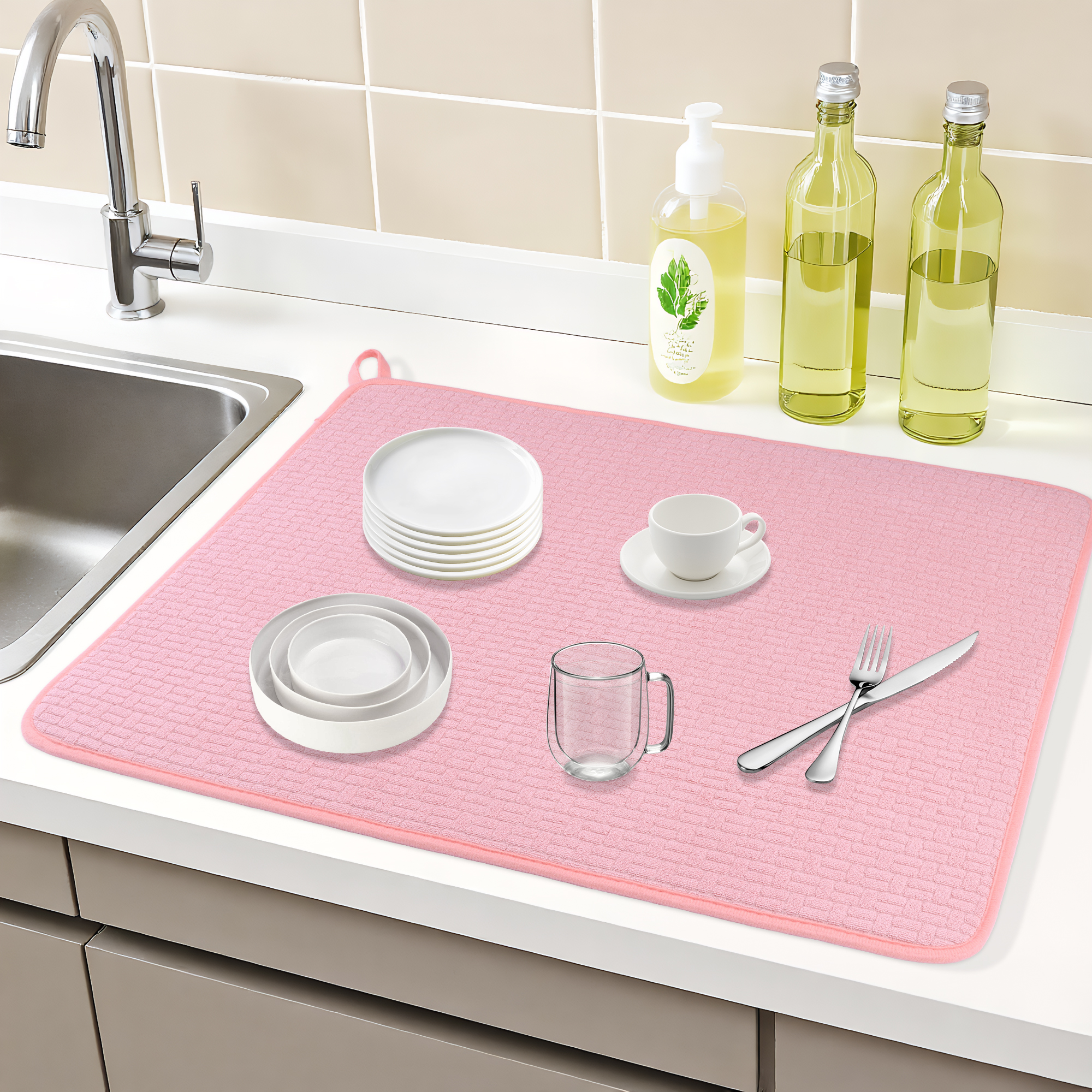 Unique Bargains Absorbent Microfiber Kitchen Mat Stone Drying Mat Pink 23.6*17.7 in