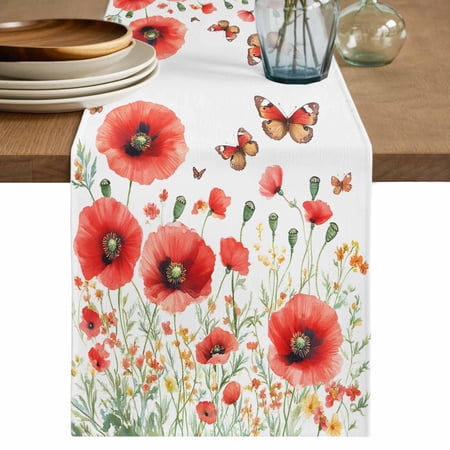 Table Runner Red Flowers Butterflies Soft Linen Style Table Runner Cloth Red Floral Leaves Dining Table Decor for Kitchen Dining Room Parties Holiday & Everyday Use 13x36 Inch