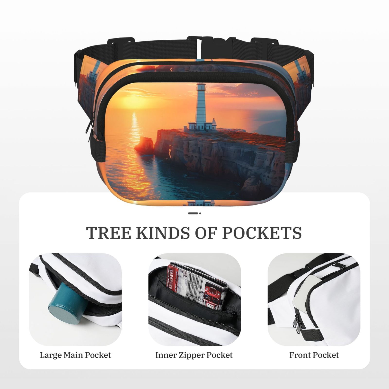 Picia Lighthouse At Sunset Coast Print Square Double-Layer Waist Bag Mini Adjustable Waist Belt Bag Exercise Running Travel Hiking