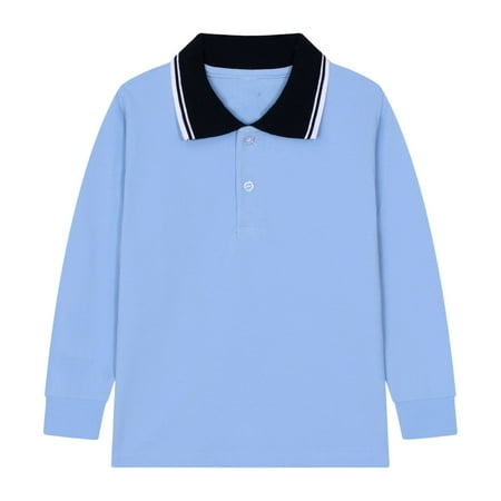 Rhuody Boy Spring Tops Kids Long Sleeve Solid Color Shirt Button Closure Lapel Blouse Versatile Clothing Blue 10-11 Years
