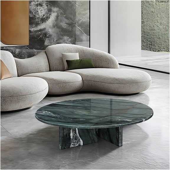 JERFIT Green Marble Coffee Table, 35.4 Inch Round Natural Stone Center Table with Metal Base for Living Room, Luxury Designer Accent Furniture