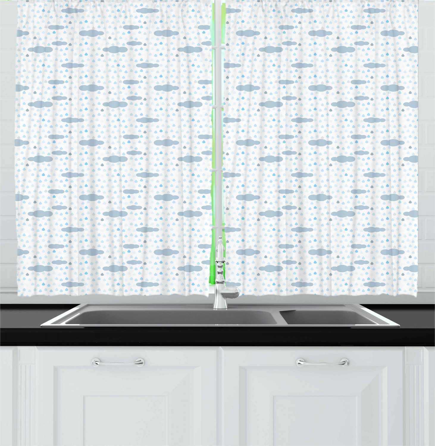 Cloud Curtains 2 Panels Set, Nursery Concept Tiny Clouds Pouring Raindrops and Droplets, Window