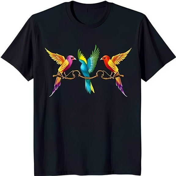 Colorful Birds on Branch Black T-Shirt Symmetrical Design with Floral Accents