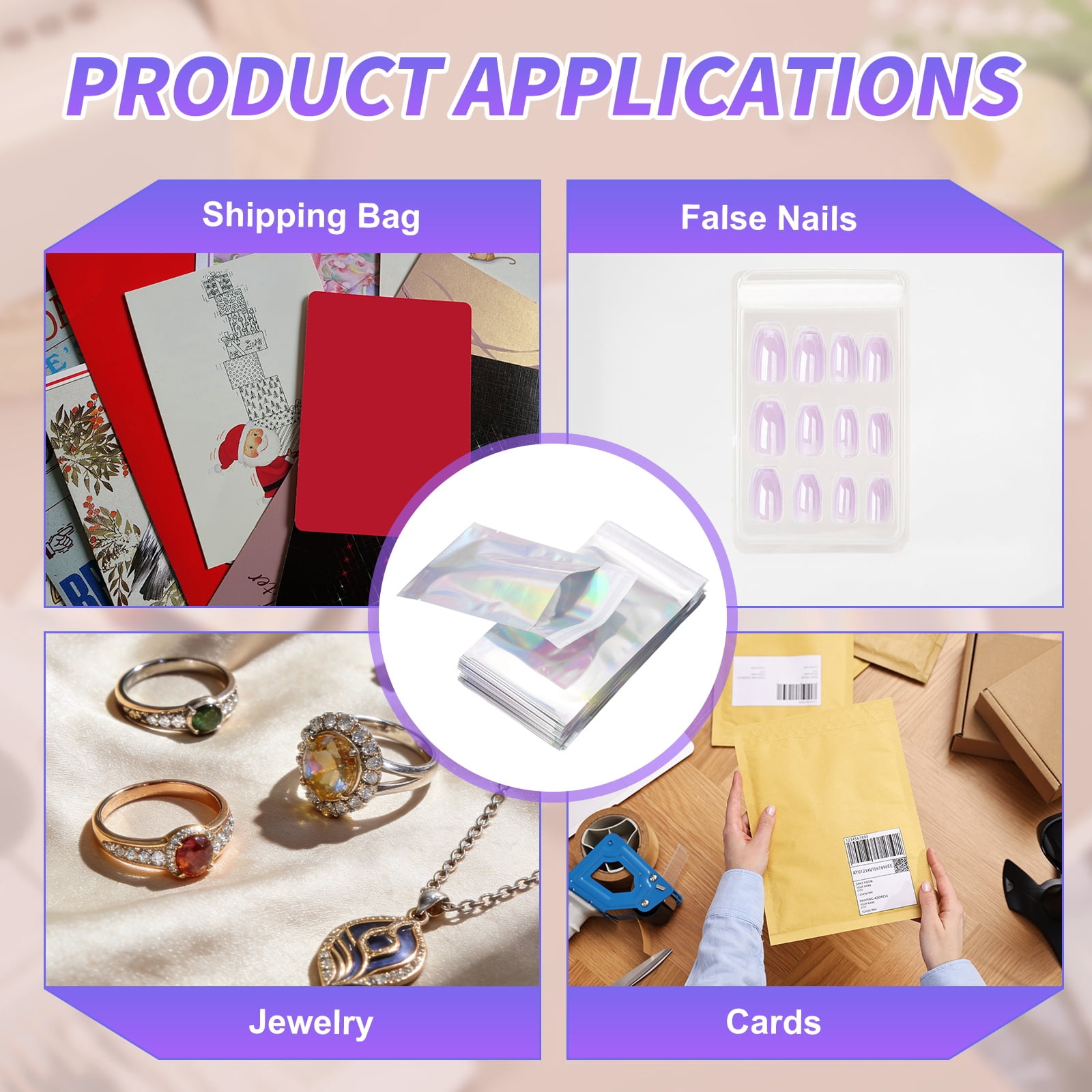 Uxcell Holographic Bags (6" x 4", Silver) (100Pcs) Holographic Metallic Poly Mailers Self Sealing Flat Foil Envelope Mailing Packaging Bags, Suit for - Jewelry/Sample/Shipping/Package