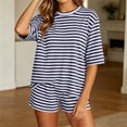 thumbnail image 6 of BRELIL Women's Round Neck Short Sleeve T-Shirt Two Piece Set Elastic Waisted Shorts Striped Casual Lounge Matching Outfits Summer Everyday Wear, Navy 2XL, 6 of 8