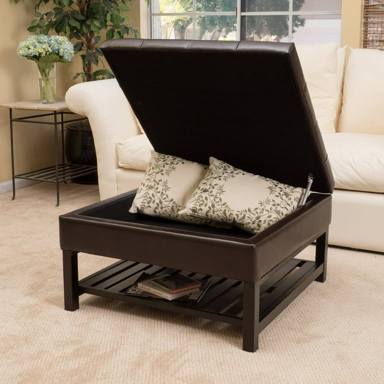 Leather ottoman with shelf underneath deals