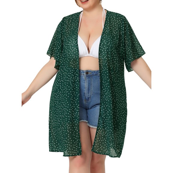 Agnes Orinda Women's Plus Size Cardigan Polka Dots Bell Sleeve Chiffon Summer Causal Cardigans Green 1X