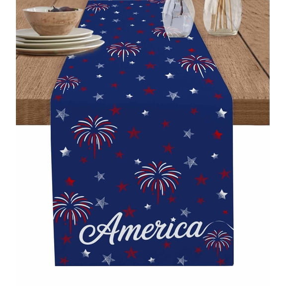 American Independence Day Table Runner 48 Inches, Red Blue Fireworks Retro Stars Bed Runner Dresser Scarves Tabletop for Indoor Outdoor Parties/Ceremony/Banquet, 13" x 48"