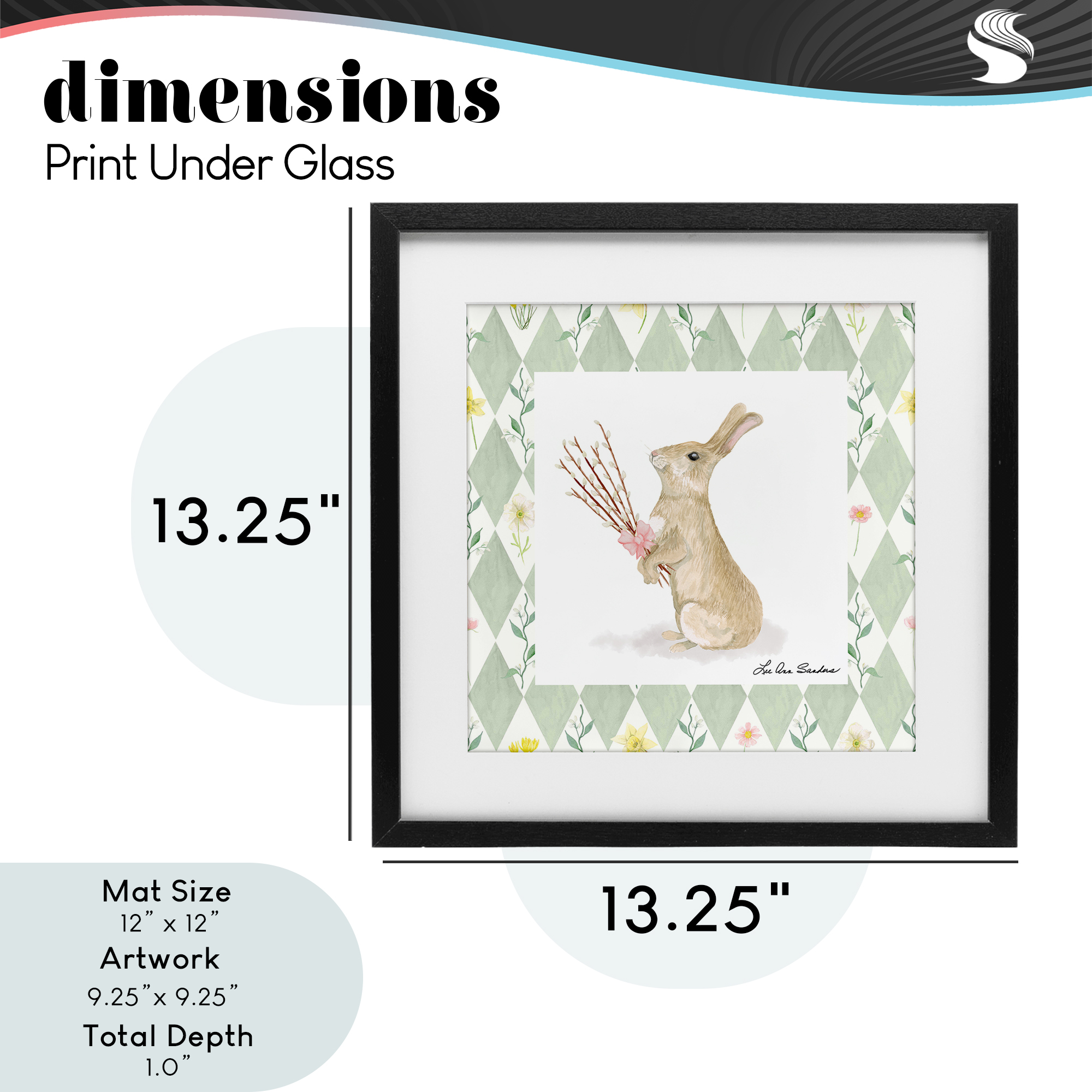 Bouquet Bunny on Green Argyle Black Framed Print Under Glass, design by Lee Ann Sanders