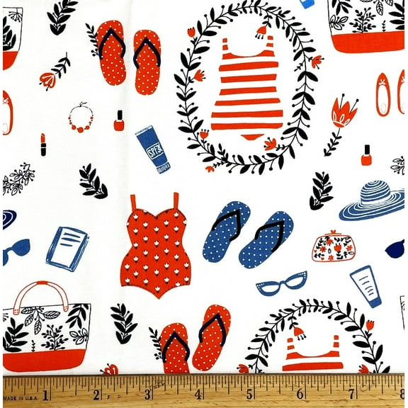 1 Fat Quarter - Beach Vacation Swimming on White Cotton Fabric - 21" X 18"