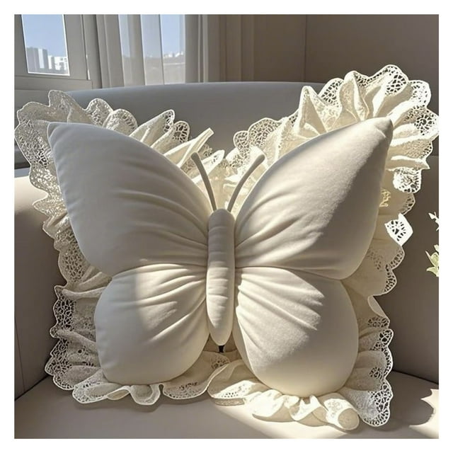Elegante almohada en forma de mariposa con ribete de encaje, funda de cojín decorativa for dormitorio