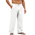 thumbnail image 4 of Mens Linen Cotton Casual Pants, Lightweight Straight Leg Lounge Pants with Button Waist & Side Pockets, Loose Fit Summer Beach Yoga Trousers for Men, Comfortable Relaxed Fit Trousers White XL, 4 of 10