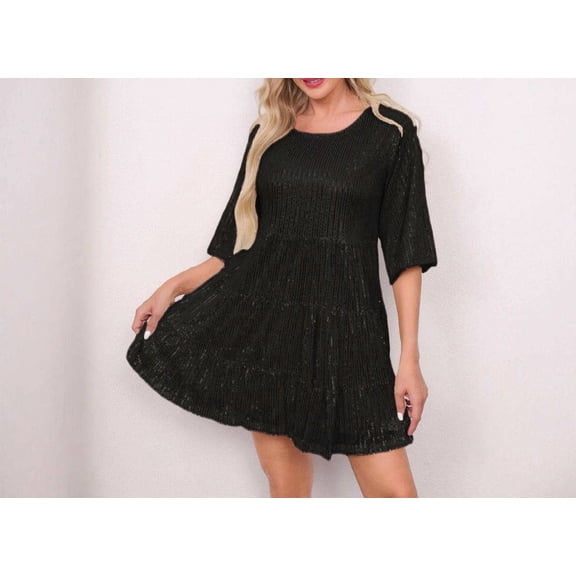 Nmnitkp Cocktail Dresses for Women Sequin Mini Dress, 3/4 Sleeve Crew Neck Tiered Ruffle Loose Fit Party Dress for Cocktail & Holiday Event Black,2XL