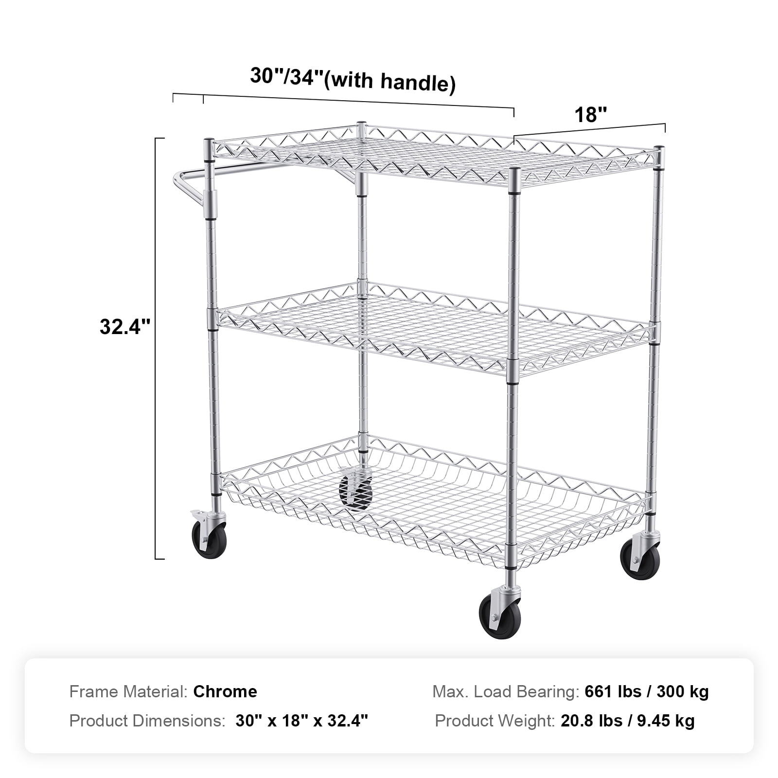 VEVOR 3-Tier Utility Cart Rolling Cart on Wheels 30"x18"x32.4" 661 lbs 6 Hooks