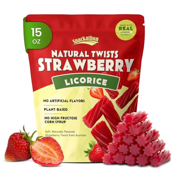 Snackathon Australian Licorice Candy, Natural Strawberry Twists, Resealable Bag, Soft Chewy Classic Gourmet Licorice for Parties, Snacking Candy Bowls, Made in Australia