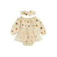 thumbnail image 2 of Musuos Baby Girl Halloween Romper Dress 0-18Months Long Sleeve Smocked Bodysuit with Headband Set Infant Clothes, 2 of 8