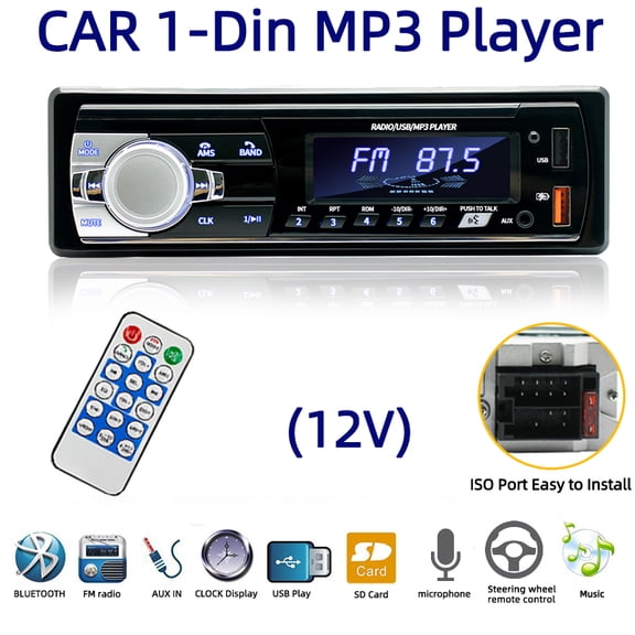Single DIN Bluetooth Car Stereo with Dual USB, FM Radio, MP3 Player – 60W x 4, AUX Input/Output, Remote Control for 12V Vehicles