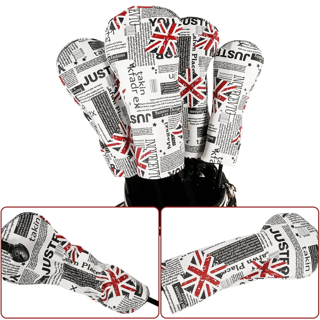 BQBQERT 4Pcs Flags Pattern Wood Headcover PU Leather Golfs Club Head Cover Replacement Driver Headcover