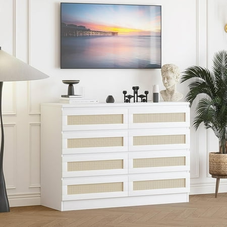 Commode Double à 8 Tiroirs pour Chambre, Commode en Rotin, Commode Moderne en Bois, Table de Chevet pour Garde-Robe, Chambre de Bébé, Salon et Entrée