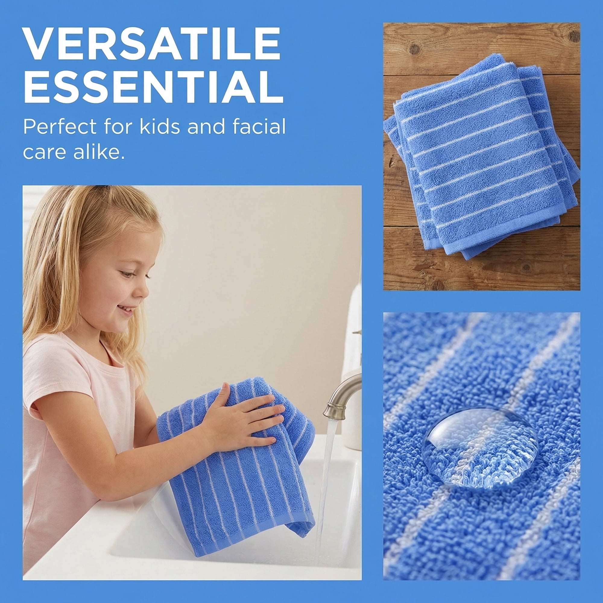 Unique Bargains Cotton Striped Washcloths Soft Absorbent Face Cloths Blue 6pk