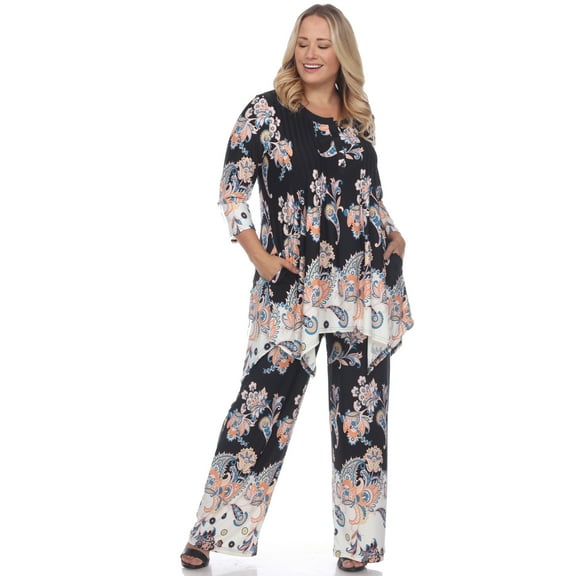 White Mark Women's Two-Piece Pleated Tunic Top Palazzo Pants Set Plus Size Knit