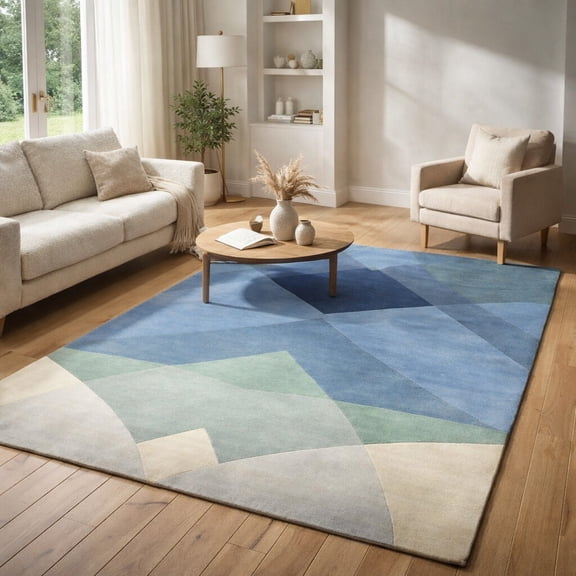 Blue Handmade Rug 5X8, Geometric Carpet, Area Rugs, Dinning room, Bedroom, Rectangular Carpet