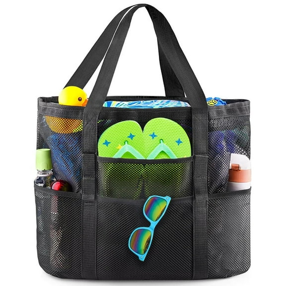Beach Bag Large Mesh Beach Bag Lightweight Beach Tote with 9 Pockets Foldable Beach Accessories