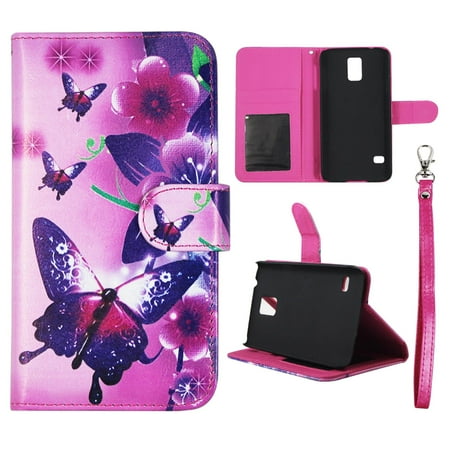 Butterfly Flower Pink Wallet Folio Case for Samsung Galaxy S5 Mini Fashion Flip PU Leather Cover Card Slots & (Best Case For Samsung Galaxy S5 Active)