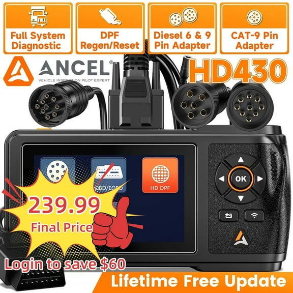 ANCEL HD430 Heavy Duty Truck Scanner, Full System OBD Diesel Scanner OBD2 Diagnostic Scan Tool, DPF Reset & Forced Re-generation for Cummins & Caterpillar Engine, Code Reader for Diesel Trucks & Car