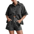 thumbnail image 2 of Womens 2 Piece Outfits Short Sleeve Button Down Crop Blue Jean Shirts High Waist Denim Shorts Sets Grey L, 2 of 6