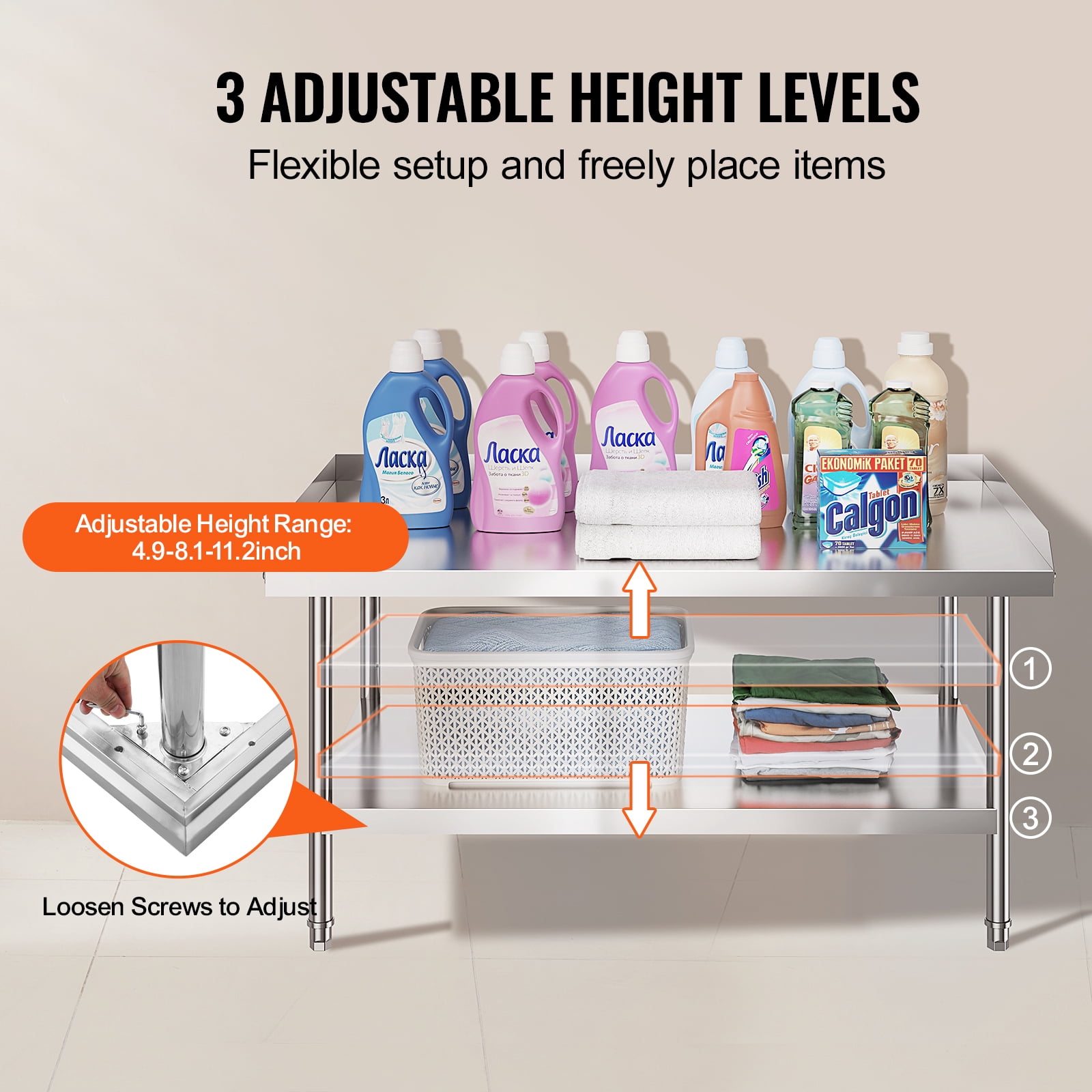 KFFKFF 30" x 48" Stainless Steel Work Table, Heavy Duty Prep & Work Metal Workbench with Adjustable Shelf and Feet, 3-Sided Backsplash, Suitable for Restaurant, Home, Hotel
