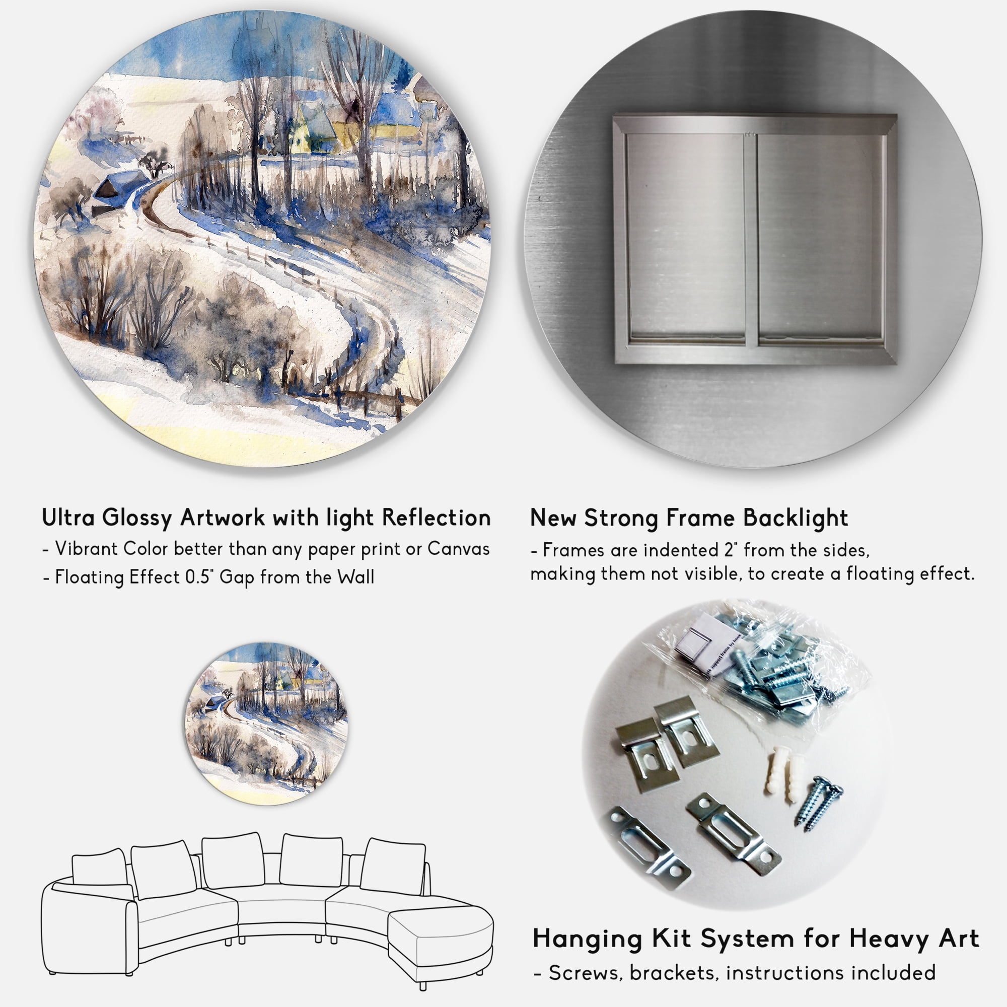 Designart 'Country Road In Winter Times Landscape I' Traditional Circle Metal Wall Art 29x29 - Disc of 29