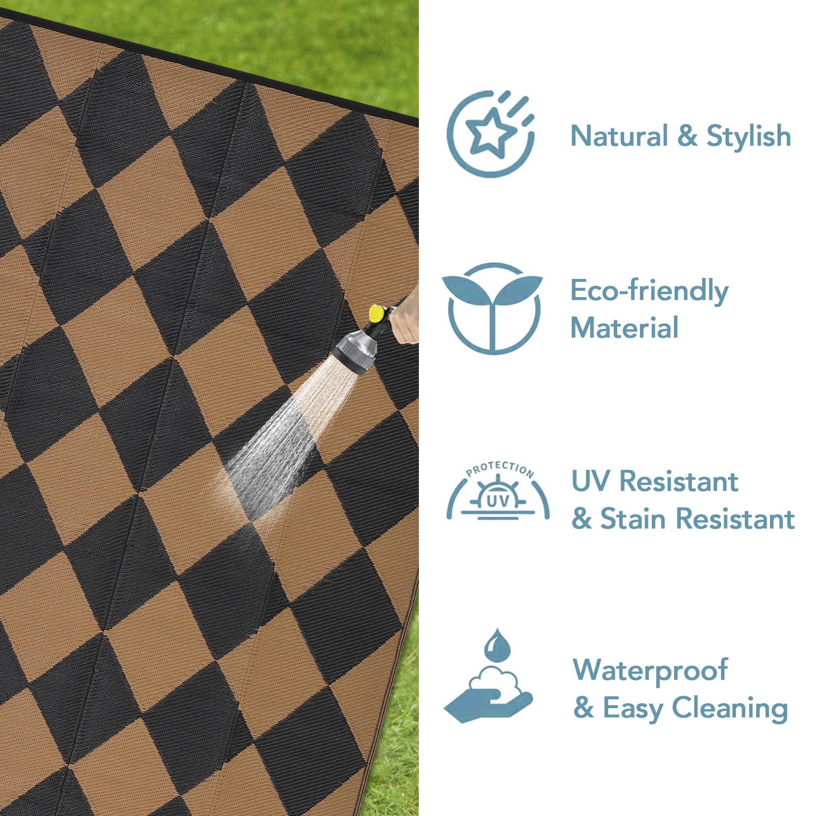 Twister.CK Outdoor Rug 9'x18' Waterproof Patio Rug, Reversible Lightweight Plastic Carpet for Deck Balcony Porch Decor, Black and Brown