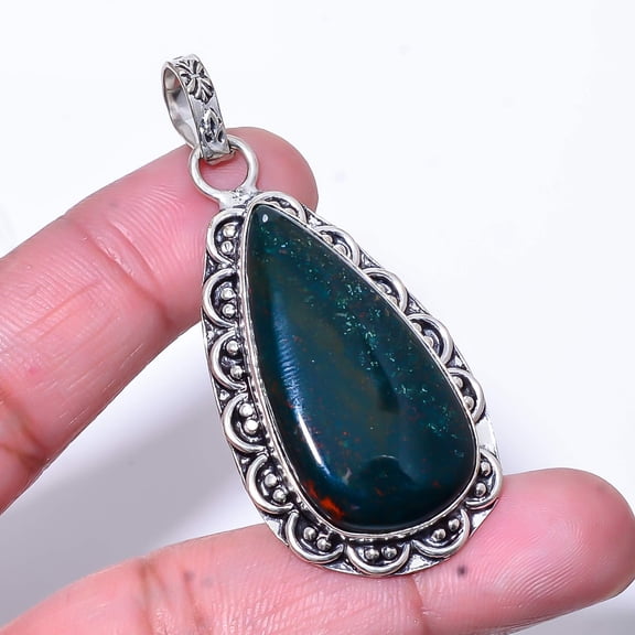Bloodstone / Heliotrope - Africa Handmade 925 Sterling Silver Pendant 2.34" P25
