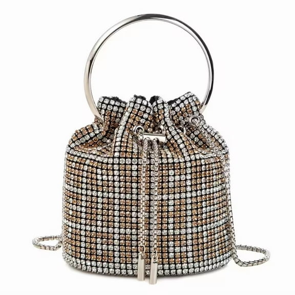 YIFEI Rhinestone Bucket Bag Ring Handle Sparkling Evening Clutch with Detachable Strap for Wedding Party