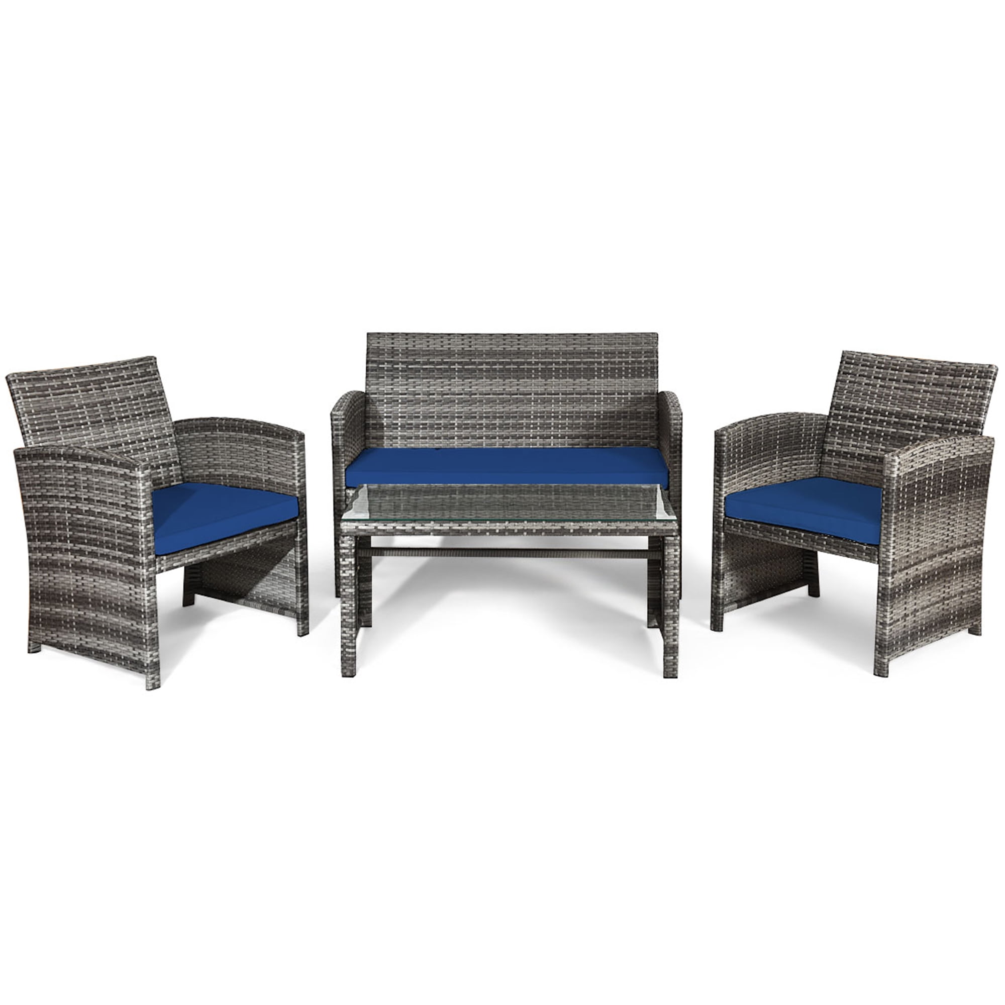 Gymax 8PCS Patio Outdoor Rattan Conversation Furniture Set w/ Navy Cushion