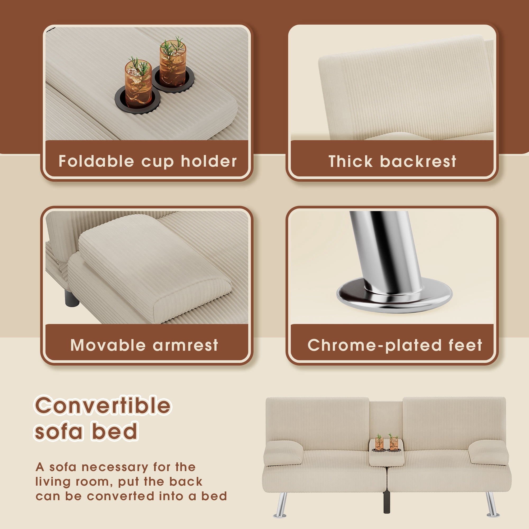 Homall  Futon Sofa Bed with Armrests and Cup Holders,Adjustable Backrest Angles,Convertible bed,Beige