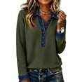 thumbnail image 2 of Tops for Women Cotton Waffle Knit Long Sleeve Top Button Patchwork Pullover Casual Loose Tunic, 2 of 5