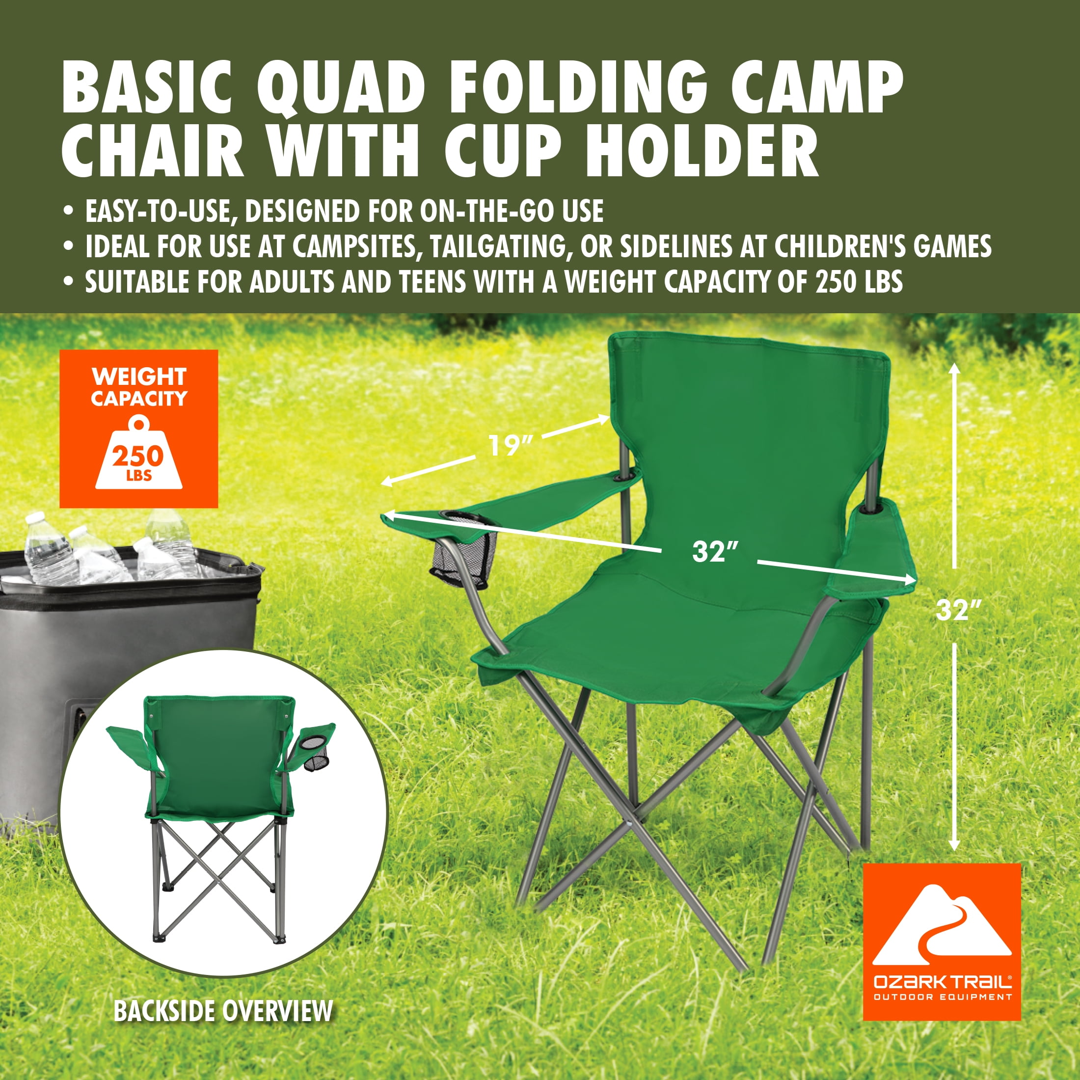 Ozark Trail Quad Folding Camp Chair with Cup Holder, Bright Green