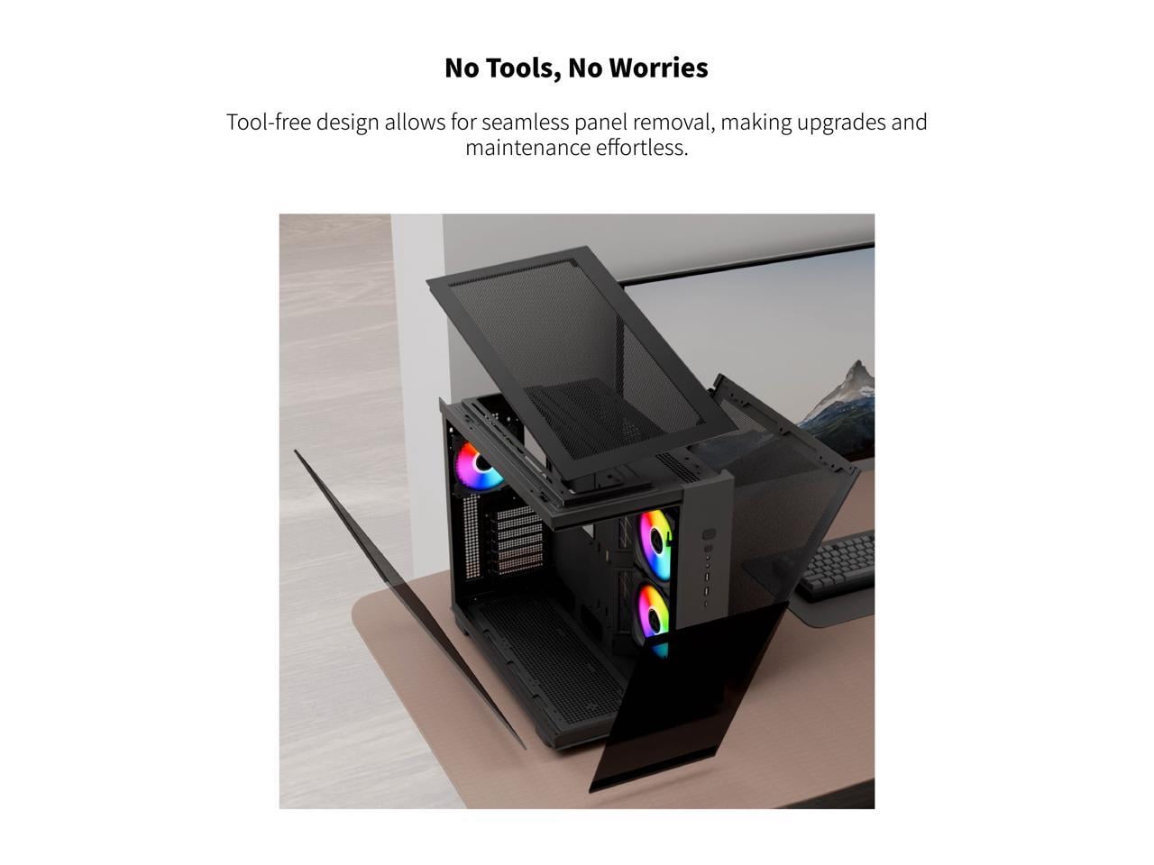 MONTECH KING 65 PRO ATX Mid Tower Gaming PC Case, Dual Chamber, High Airflow Mesh Panels, Supports RTX 40 Series, 3 Pre-Installed ARGB Fans, Tool-Free Access, Tinted Glass - Black